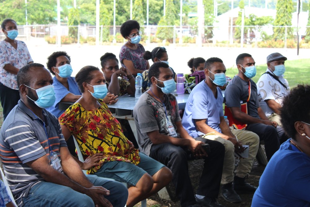 Newly hired staff members attend a training in safe use of PPE is held in Port Moresby. MSF began managing a 43-bed ward in Rita Flynn makeshift hospital in Port Moresby treating moderately to severely ill COVID-19 patients from April 2021. © Leanne Jorar