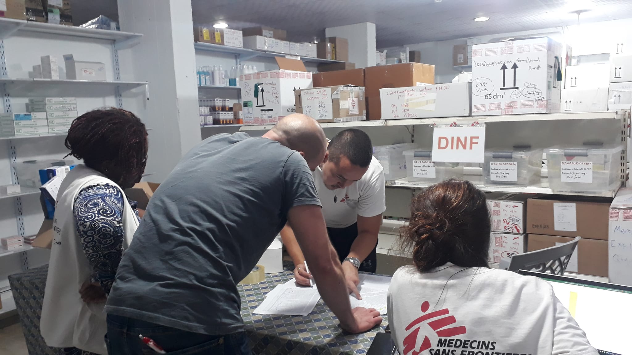 MSF staff prepare a medical supplies donation in Gaza.