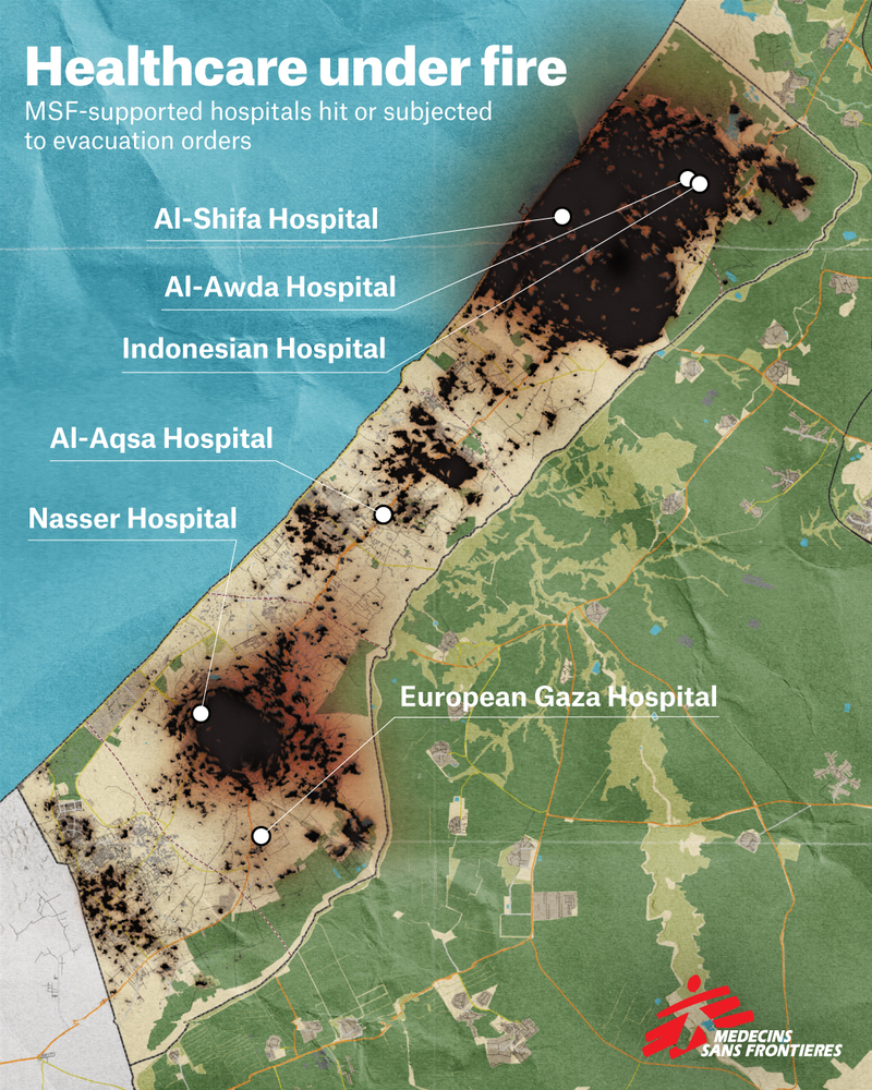 Map of the hospitals where MSF has been working or supporting after 100 days of siege in Gaza.