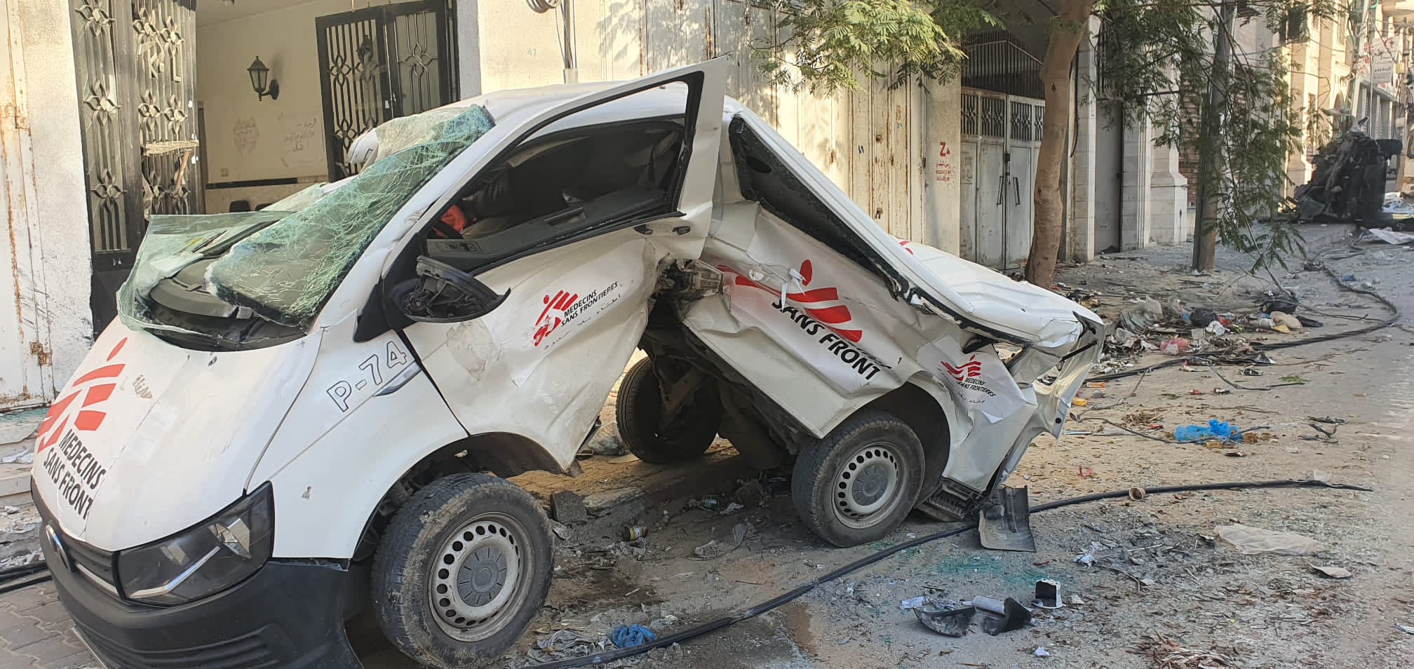 An MSF vehicle in Gaza after an attack by Israeli forces. 