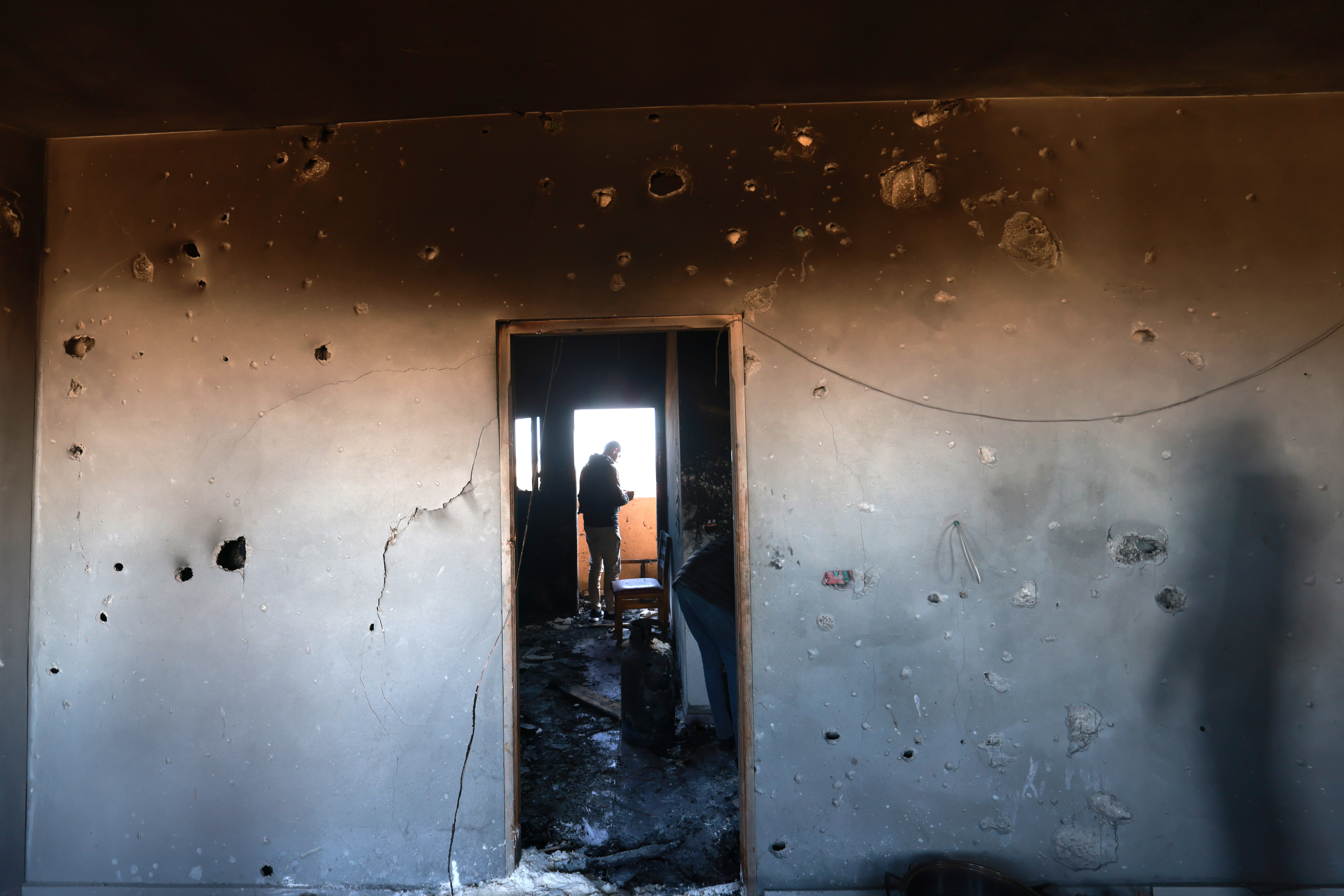 The burnt and pockmarked inside of an MSF shelter in Al Mawasi