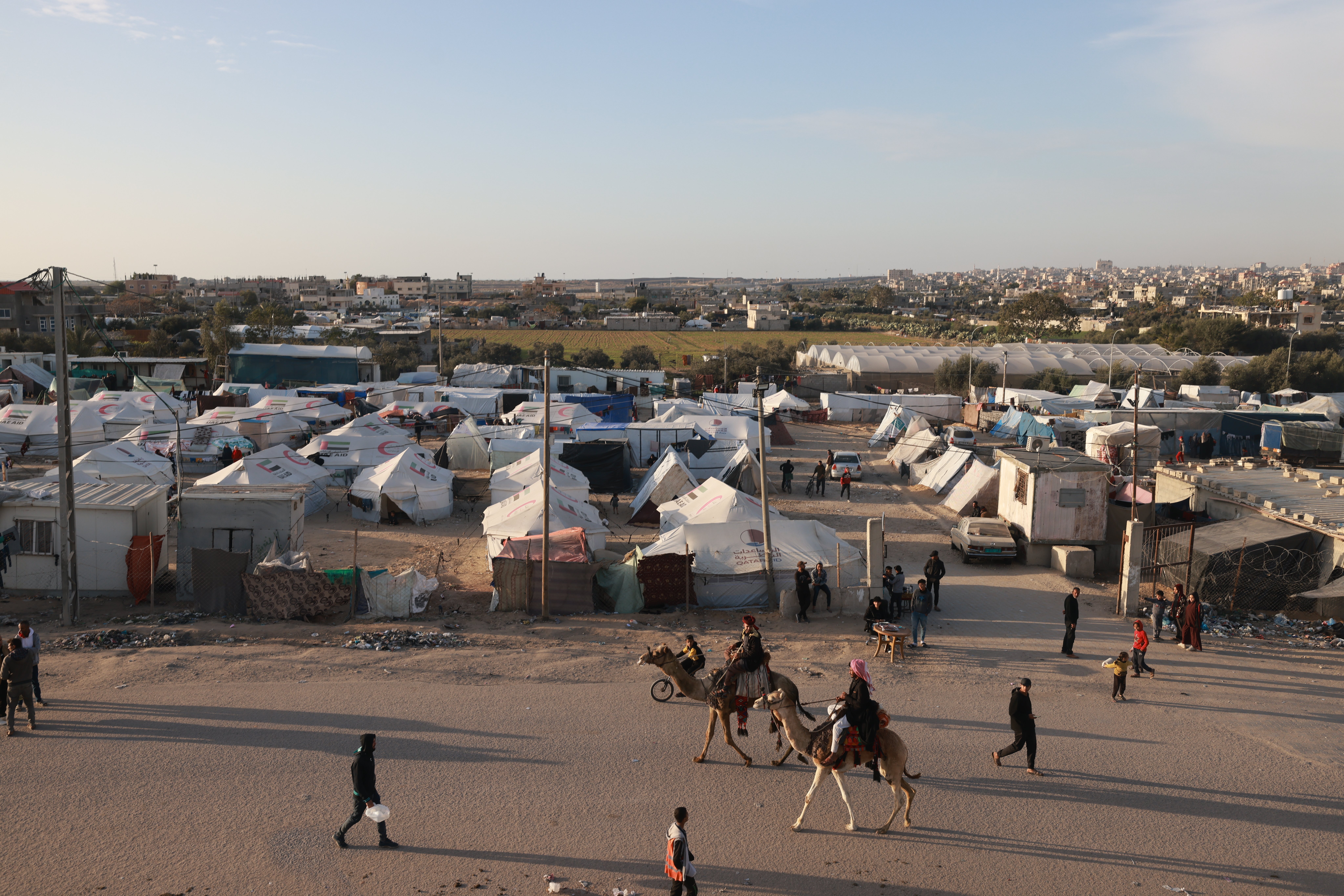 Aerial view of a refugee camp for displaced Palestinians in the southern Gaza town of Rafah’s Al-Salam neighborhood. 