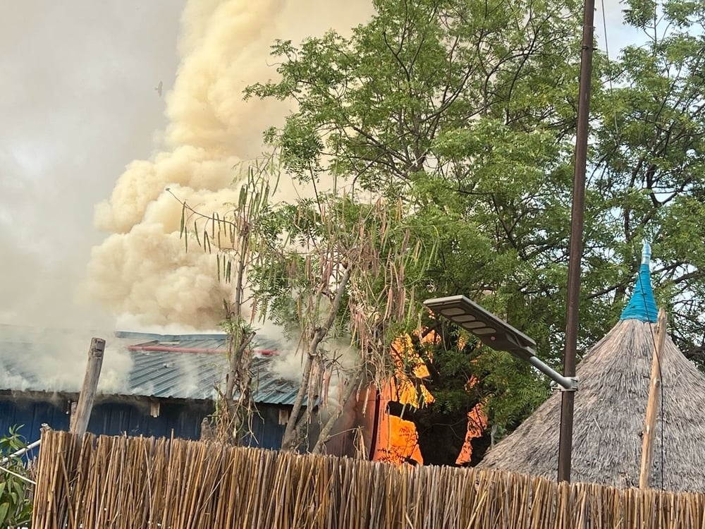 Flames and smoke rise from the MSF hospital in Old Fangak, South Sudan