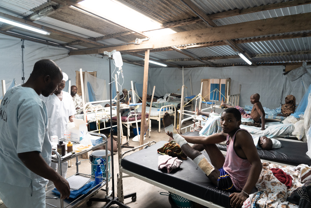 Patients at the Masisi General Reference Hospital recover following surgical operations in September 2025. Almost all of them have suffered some kind of violent injury. 