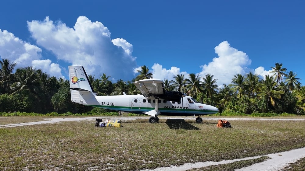 An Air Kiribati flight arrives in Abaiang