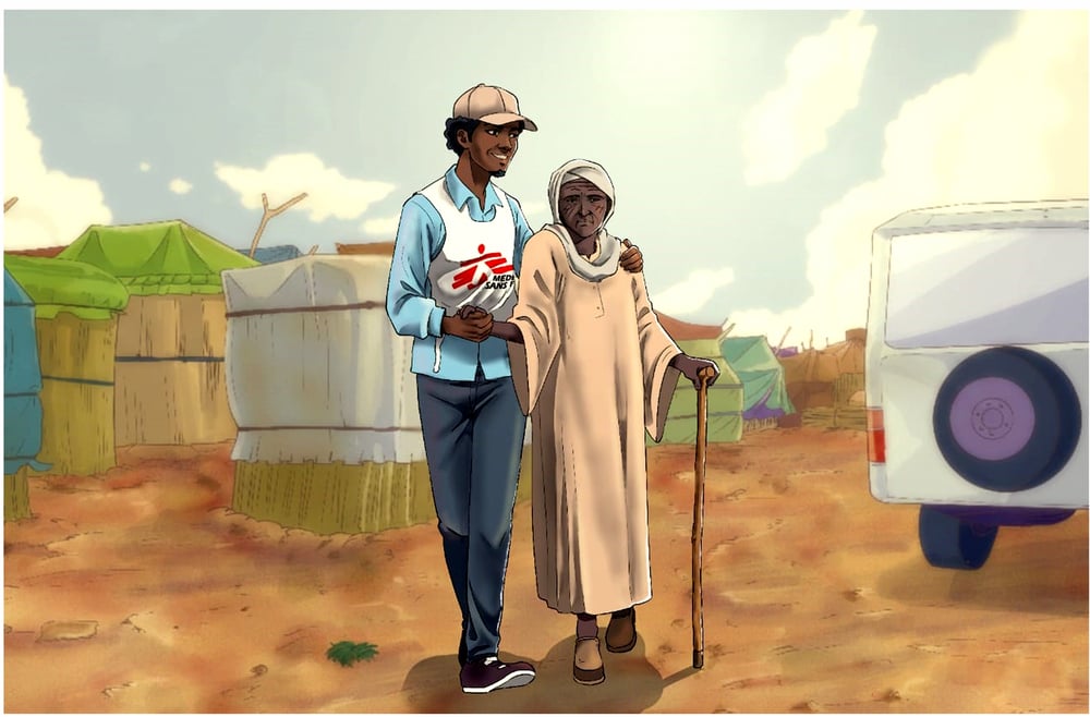 An MSF staff helps an elderly Sudanese woman to walk