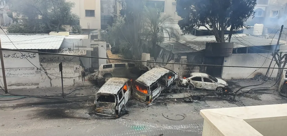 Five MSF vehicles destroyed outside an MSF clinic in Gaza City