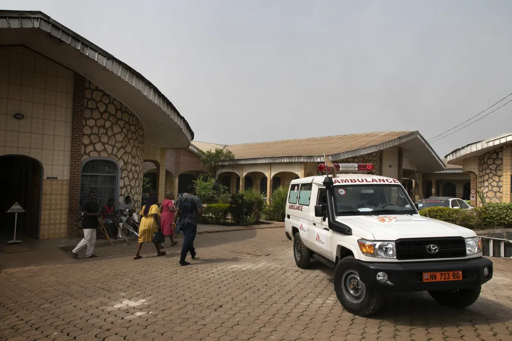 The inner courtyard and ambulance parking lot of MSF-supported Saint Mary Soledad hospital in Bamenda, Cameroon. Since the government suspension of MSF's activities six months ago, the free ambulance service has not been allowed to operate. March 2020. ©