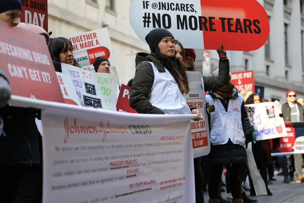 MSF protested in front of the New York Stock Exchange in New York on January 22, 2020, demanding the pharmaceutical corporation Johnson & Johnson (J&J) make the tuberculosis drug Bedaquiline available for all people with a drug-resistant form of the disea
