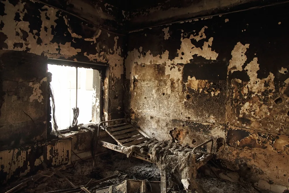The remains of a bed frame in the MSF Trauma Centre in Kunduz