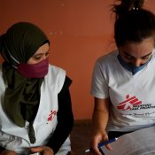 MSF staff members Sara and Krystel prepare medications for patients suffering from non-communicable diseases following door-to-door activities in the neighborhoods of Gemmayzeh and Mar Mikhael, the areas affected most by the explosion. © Mohamad Cheblak/MSF