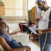 Mounir Othman was home with his two children when the explosion happened. The blast projected him in the air and his hand was injured. Mounir received a visit from the MSF team taking part in door-to-door activities in Karantina. © Mohamad Cheblak/MSF